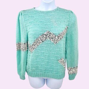 VINTAGE DEB HAND KNIT PASTEL MINT GREEN 80'S SWEATER - L
